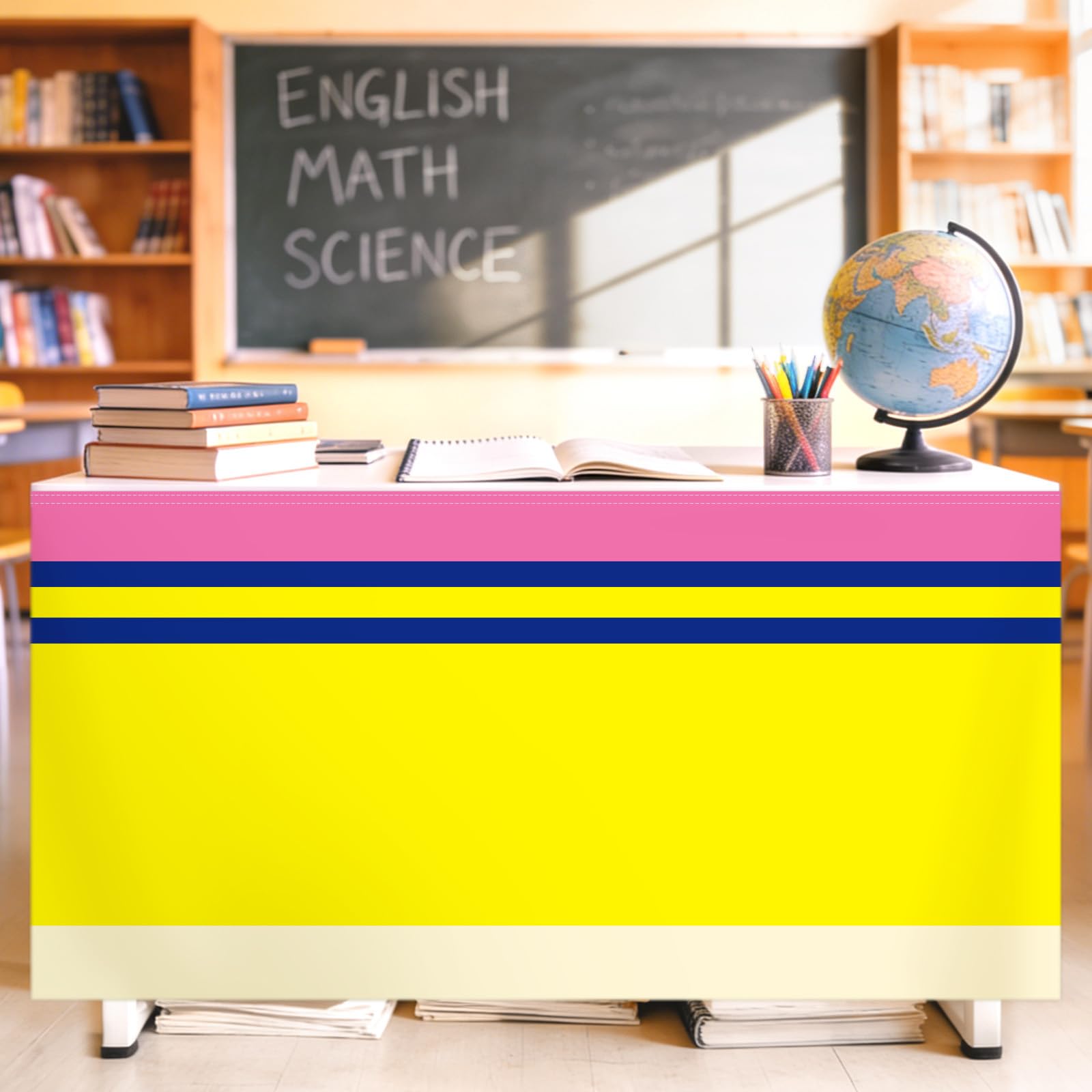 6FT Pencil Table Skirt Colorful Teacher Desk Skirt Classroom Table Cover for Back to School Decor Rectangle Tablecloth for First Day of School Party Supplies Kindergarten Office Bookcase Cabinet