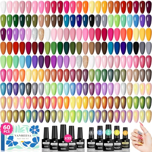VANREESA 60 Pcs Gel Nail Polish Set, 55 Colors Gel Polish with Base Coat & 4 Effects Top Coat Full-Color Nail Polish Set All Seasons Nail Kit Gifts for Women Girls Nail Salon at Home