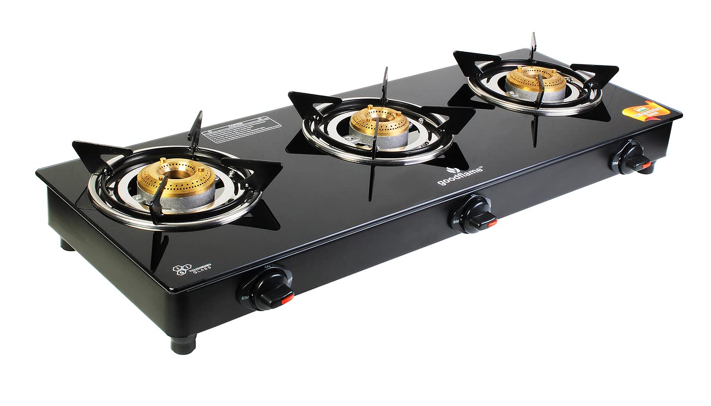 goodflame Scoriya Auto 3B BK Toughened Glass 3 Brass Burner Gas Stove(Auto ignition,Black
