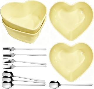 Heart Shaped Bowls 4 Pack 550ML Cream Yellow Heart Bowl Heart Ramekins Oven Safe Heart Shaped Dish Soup Bowls with 4 Spoons & 4 Forks for Daily Use & Gift Giving