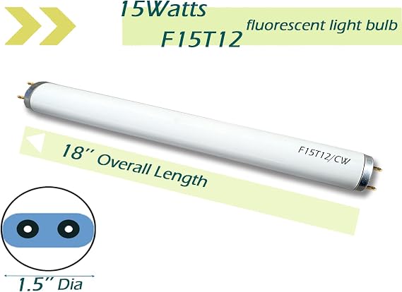 2pack F15T12-CW Cool White 15Watt Fluorescent Light Bulb,18inch 4100K Straight Linear Preheat Lamp,T12 Tube 1.5'' Dia Replacement for Kitchen and Bath