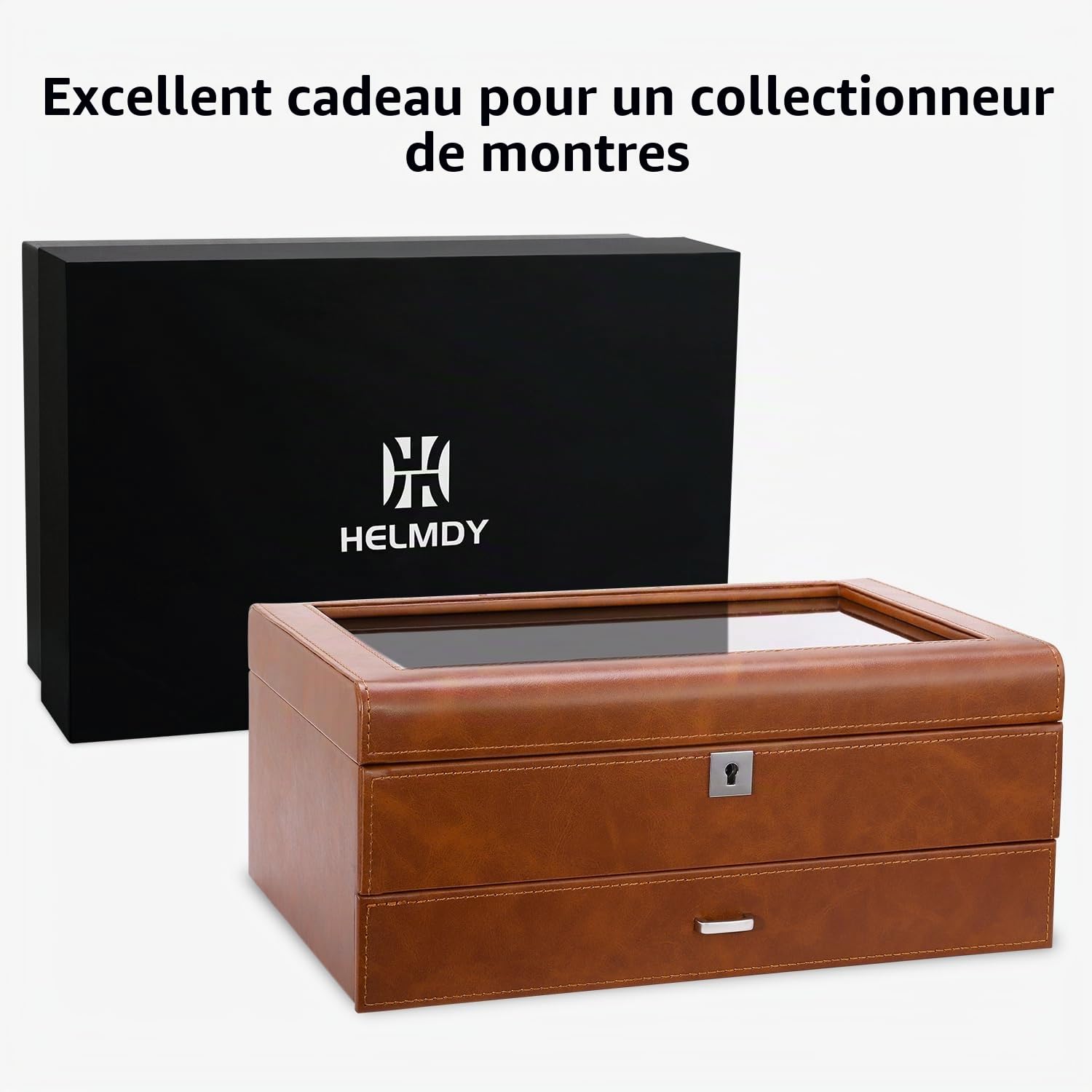 Boîte à montres en cuir avec tiroir - 10 emplacements verrouillables - Support de montres pour homme - Étui de luxe pour montres - Organiseur à 2 niveaux