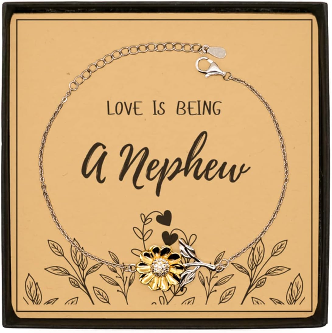 Gift for Nephew, Love is Being A Nephew Sunflower Bracelet, Mother's Day, Father's Day, for Nephew, Valentines Graduation Birthday Gifts for Nephew