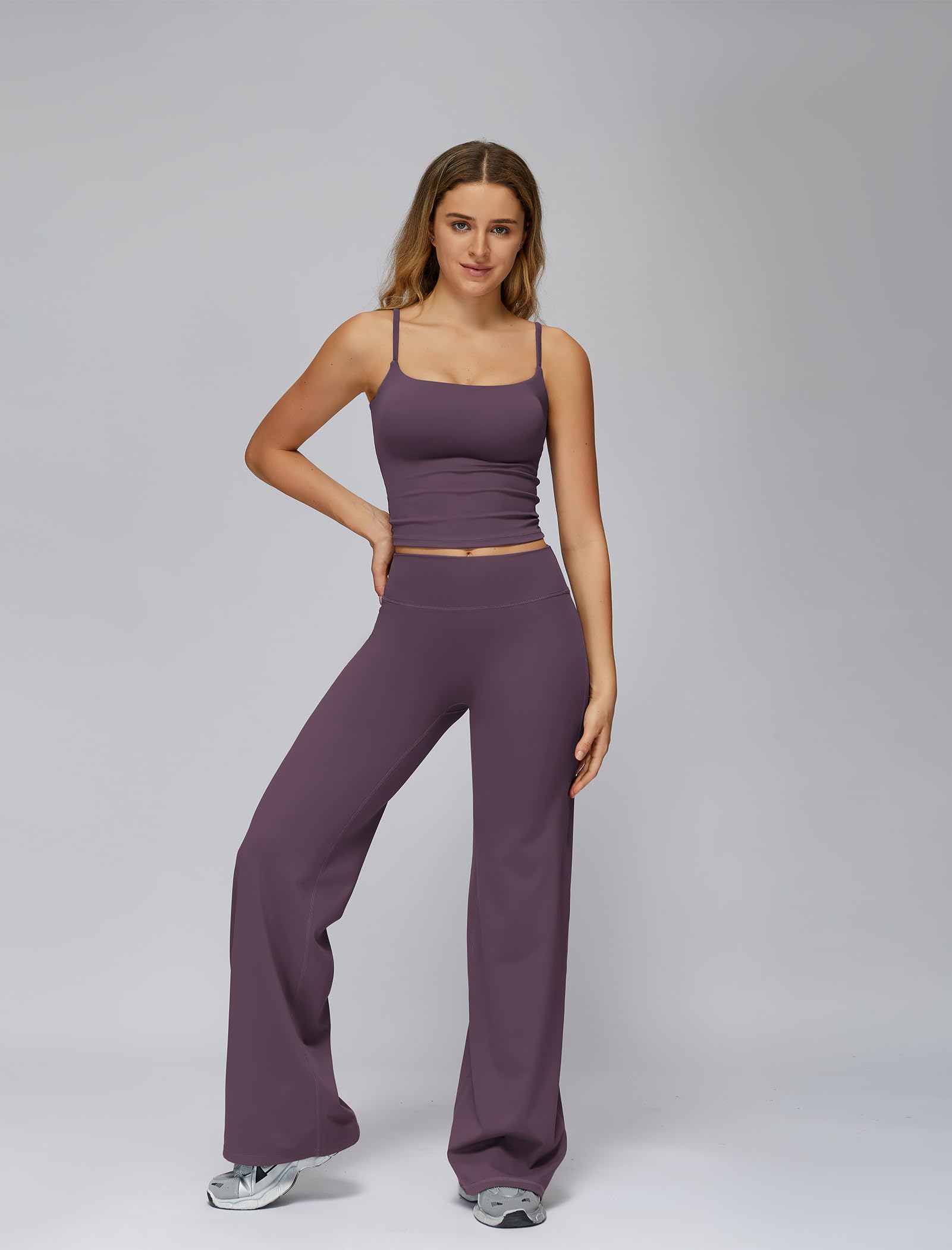 Odizli Conjunto de deporte para mujer, camiseta de espaguetis con sujetador integrado + cintura alta pierna ancha, leggings para fitness, gimnasio, yoga