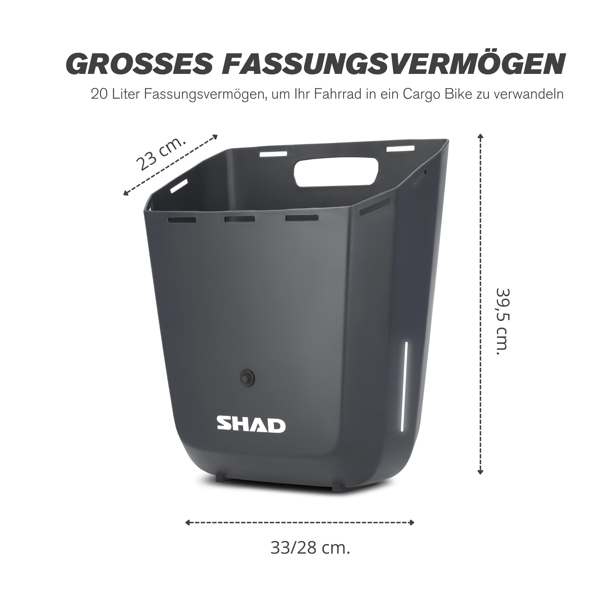 SHAD Bikes Abnehmbarer Fahrradkorb 20L Bike Box Quick Release KLICKfix | Aus Polypropylen, extrem schlagfester Korb, mit KLICKfix-System schnell abnehmbar, für E-Bikes und Cityräder. Grau.