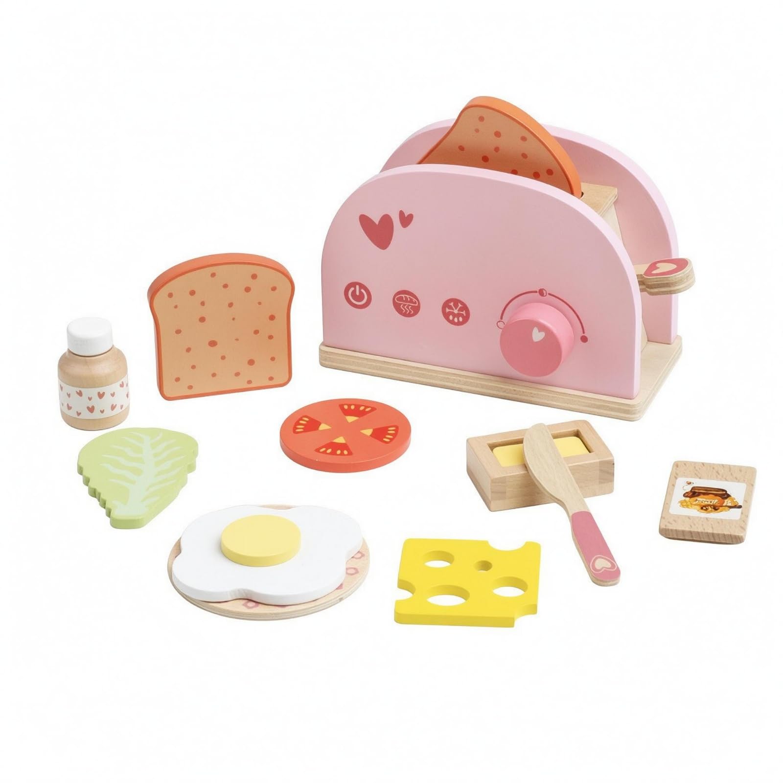 HGZLQKD Children Pretend Bakery Wooden Toaster Playset Toy Bread Heating Device Kitchen Role Play Set Bottle Tomato And Leafy Piece Promotes Fine Motor Skills , Pink