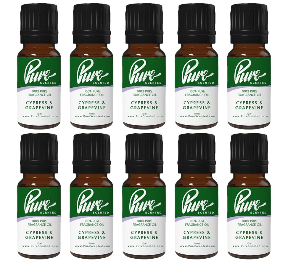 Pure Scented 100ml Fragrance Oils - 10 x 10ml Suitable for Candles, Soaps, Crafting, Diffusers, Cosmetics, Wax Melts, Designer (10 x 10ml, Cypress & Grapevine)