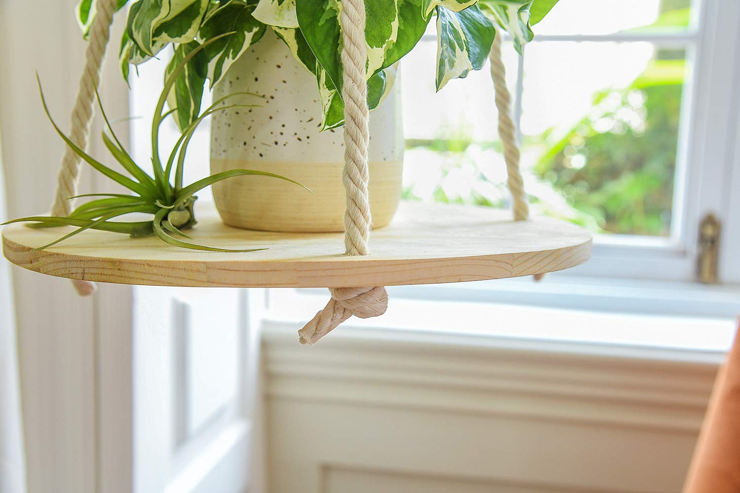 Estante colgante redondo de cuerda de madera flotante colgante bohemio decoración del hogar estante para macetas para sala de estar, dormitorio, cocina, naturaleza 3