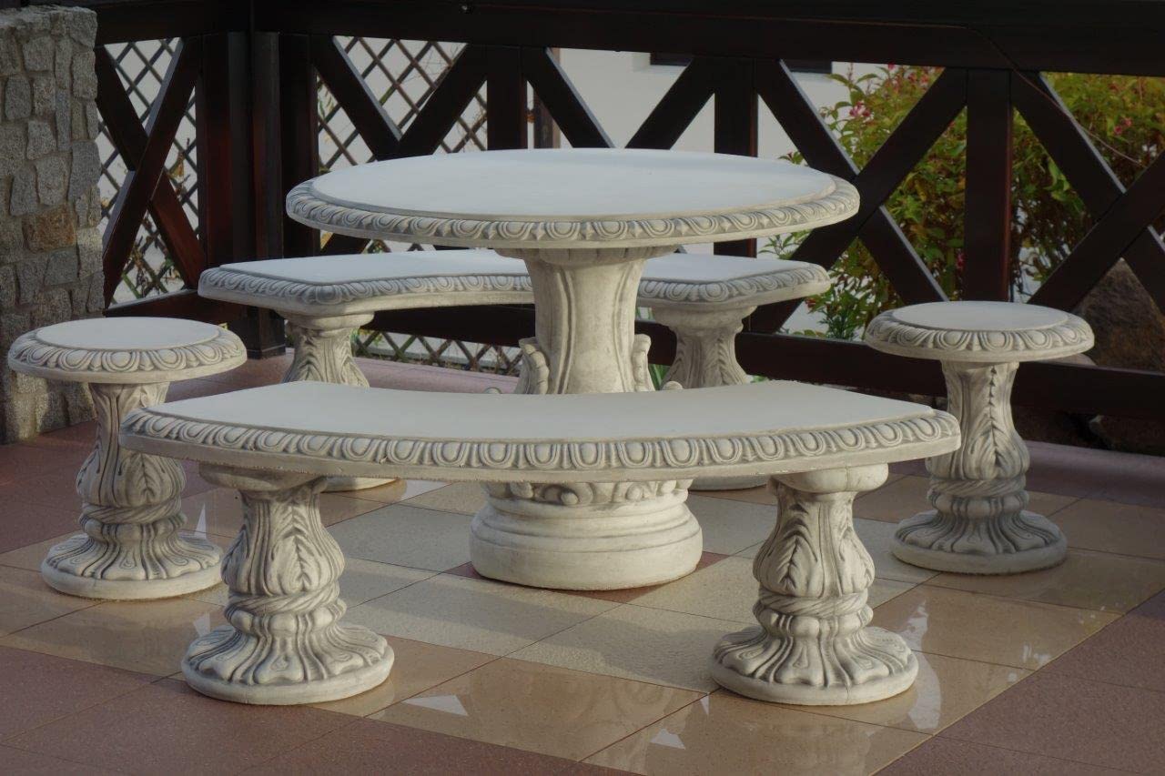 gartendekoparadies.de Runder Hocker Gartenstuhl, H. 47 cm, 43 kg, Grau, frostsicher aus Steinguss für Außenbereich