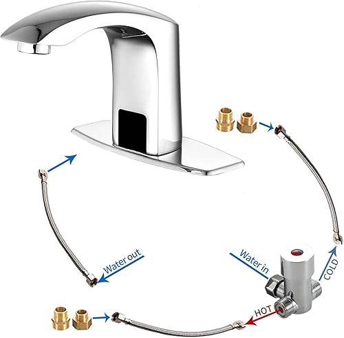 Vista 17 de Grifo de lavabo de baño con sensor automático con placa de cubierta de agujero, sin contacto, latón, grifo de agua de baño con mezclador