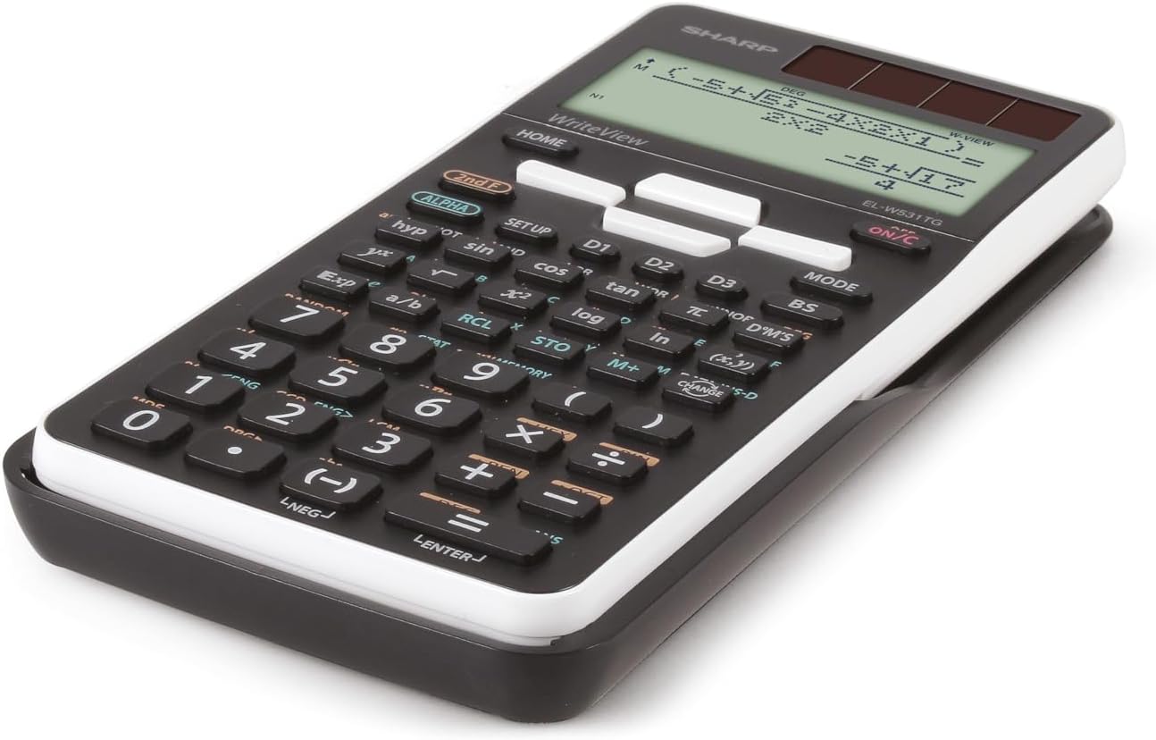 Seite view of Sharp EL-W531TG-WH Scientific Calculator, showing its slim profile.
