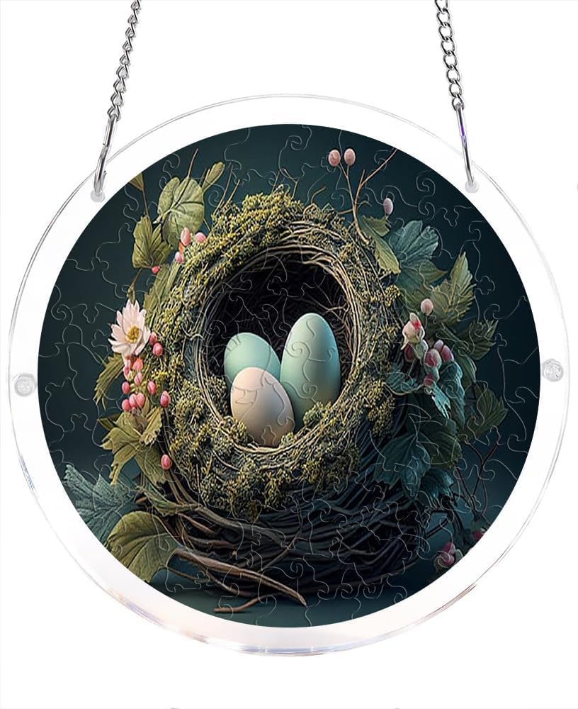 Bird Nest with Blue Eggs and Flowers Acrylic Jigsaw Puzzles Suncatcher, 8.2 Inch Window Hanging Suncatcher Acrylic Puzzle, DIY Home Decor Art Gift