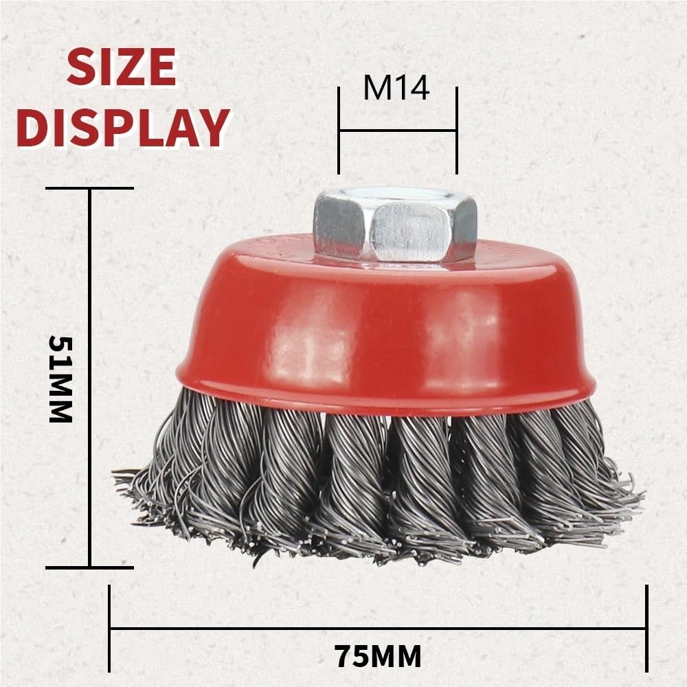 M14 Thread Twisted Steel Wire Wheel Cup Brush for Angle Grinder Powerful Paint Removal Rotary Tool Abrasive Cleaning(75mm)