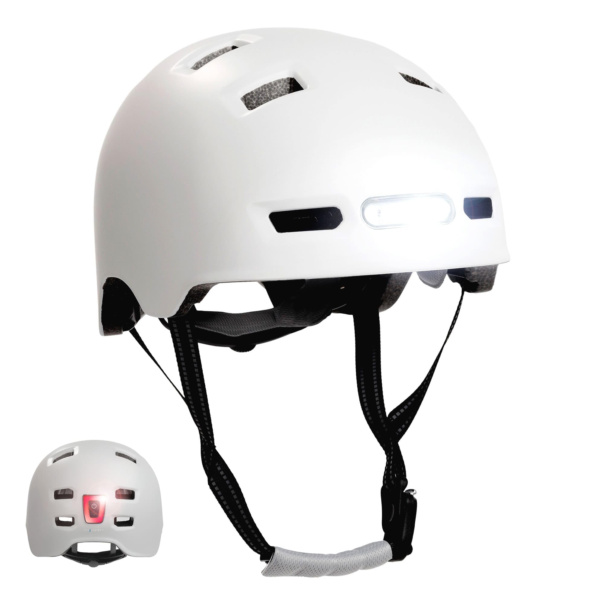 Crazy Safety Vertigo Casque De Vélo Blanc Mat Lumière Avant Et Arrière USB | Casque pour Trottinette, Skateboard, Rollers et Vélo BMX, Casque de Vélo de Ville pour Hommes et Femmes | M 54-57cm