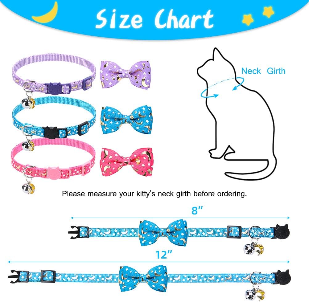 BINGPET Breakaway Cat Collar with Bell 3 Pack, Adjustable Luminous Kitten Collar with Star & Moon Patterns, Removable Bow Tie, Glow in The Dark
