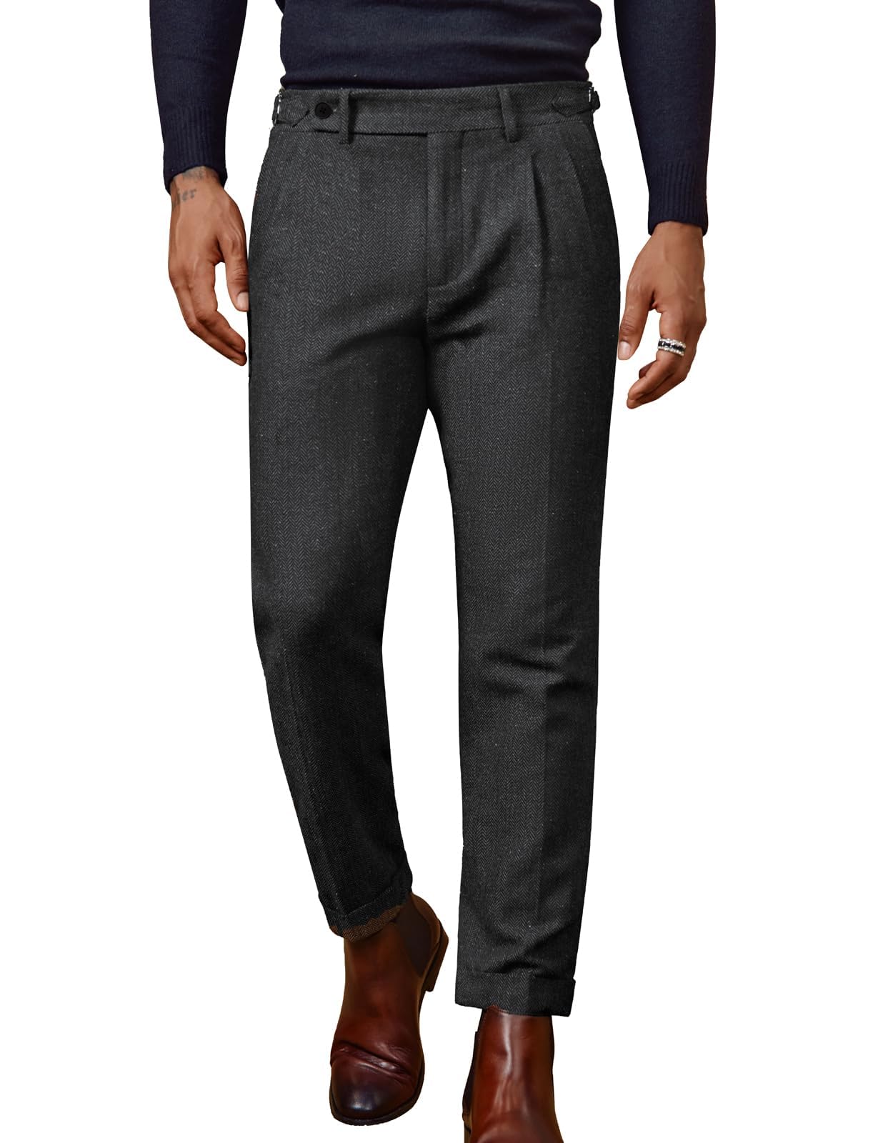 PJ Paul Jones Pantaloni Vintage da Uomo in Tweed a Spina di Pesce Pantaloni a Pieghe, Nero e Grigio., L