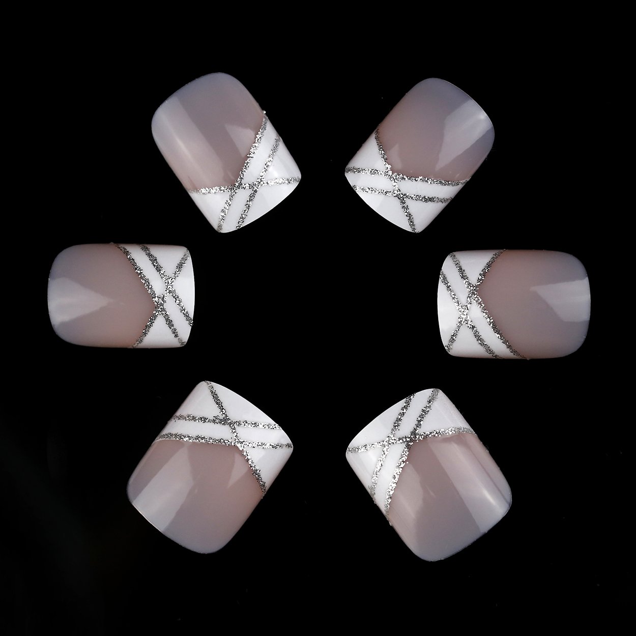 ArtPlus Preglued 24pcs x 2 (2-Pack) Symmetrical Crossing White French Manicure with Silver Line Elegant 58041 False Nails Medium with Adhesive Press on Fake Nails