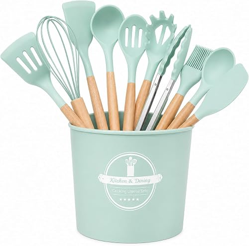 Green 12-Piece Silicone Kitchen Utensil Set with Wooden Handles & Storage Holder, Heat-Resistant Non-Stick Cooking Tools, BPA-Free