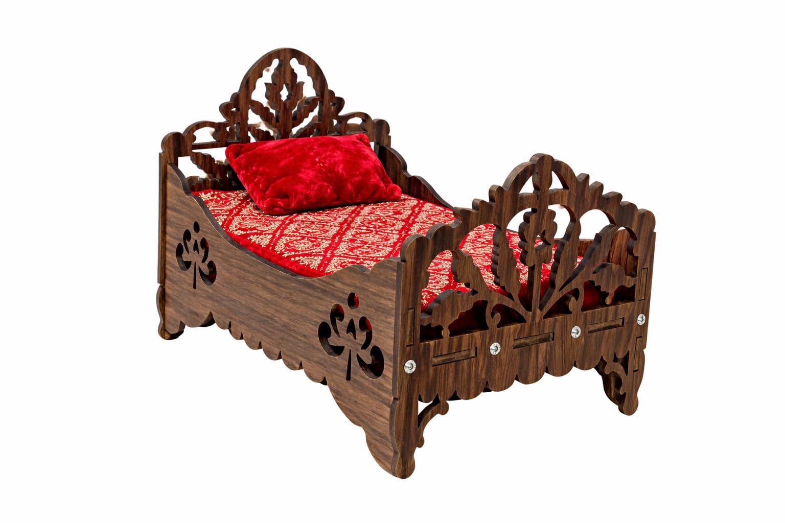 Mithila Kart Engineered Wooden Carved Pattern Designer Laddu Gopal Ji Bed Wooden Chowki for Laddoo Gopal | Suitable for Size 0 to 6 No. Laddu Gopal-image-0