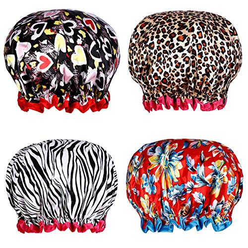 Shower Caps, Alimu 4 Pack Women Bath Caps Waterproof Double Layer Print Shower Hat Long Hair Perfect for Women