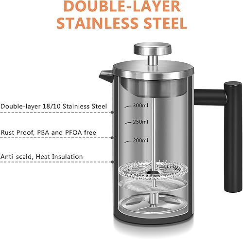 Miniatura 2 de WORBIC Prensa francesa de 12 onzas, prensa de café de acero inoxidable con sistema de filtración de 3 niveles y 3 pantallas de filtro adicionales,