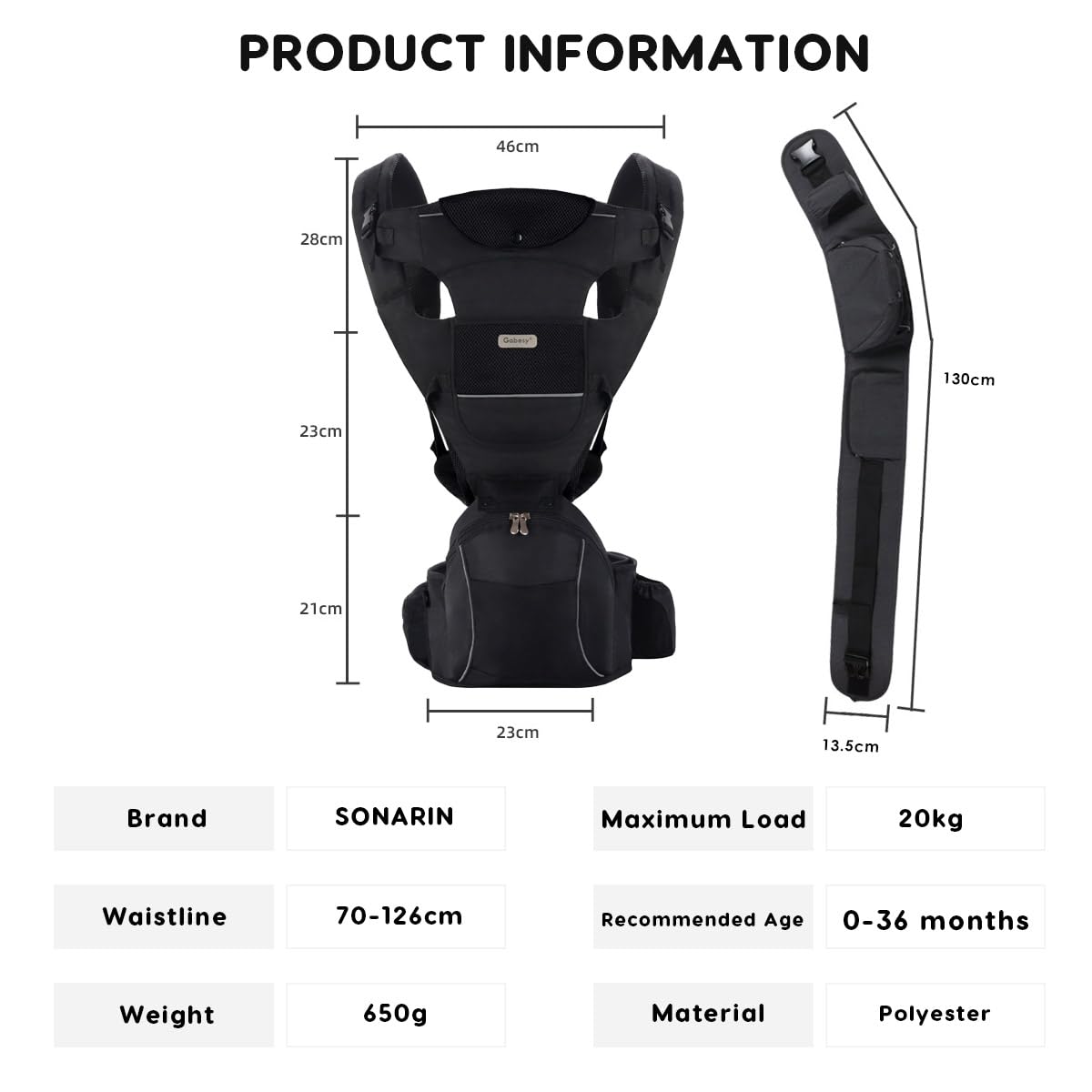 SONARIN 3 in 1 Multifunzionale Marsupio Neonati con Sedile,Portantina Ergonomico Porta Bambino Fascia Porta Bebè con Funzione di Portaoggetti,Multi-Posizioni per 0-36 Mesi(Nero)