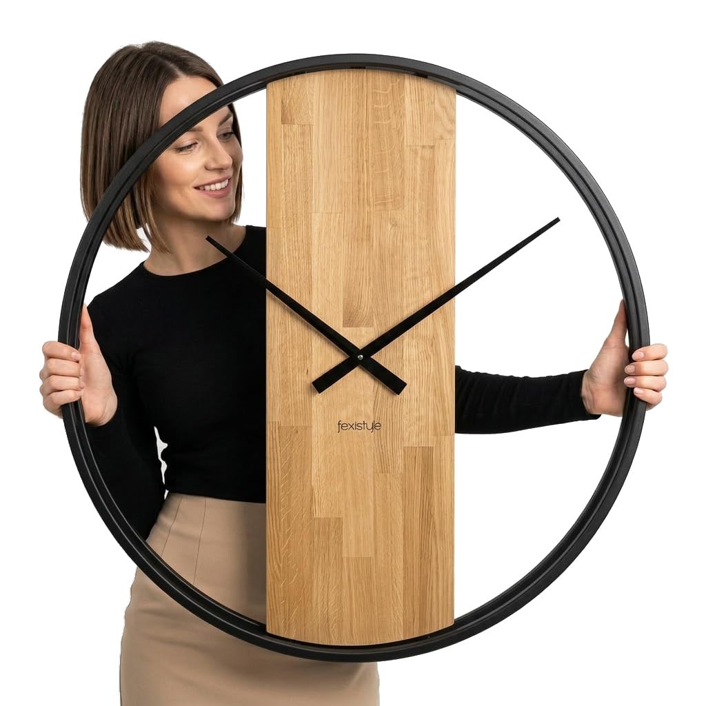 FLEXISTYLE Wanduhr groß ohne tickgeräusche LOFT OVAL Metall schwarz 3D XXL modern Holz Badezimmer Wohnzimmer (80cm Durchmesser) Natur Eiche