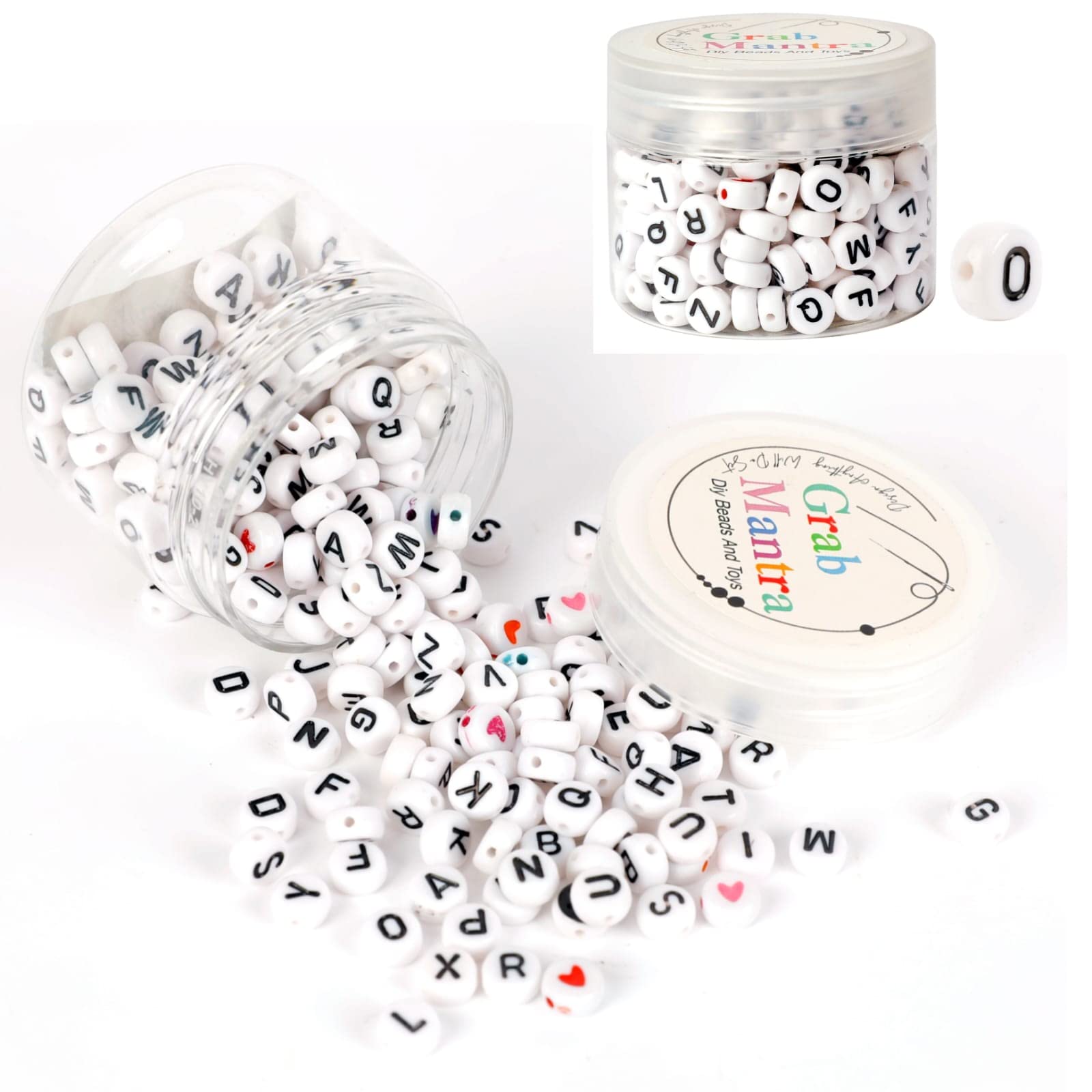 Grab Mantra 260 pcs 7mm White Acrylic Alphabet Beads plus hearts Pony Disc Loose Spacer Beads Solid Flat Round Coin Beads for DIY Friendship Bracelet Necklace Jewelry Making Supplies (260 letters jar)