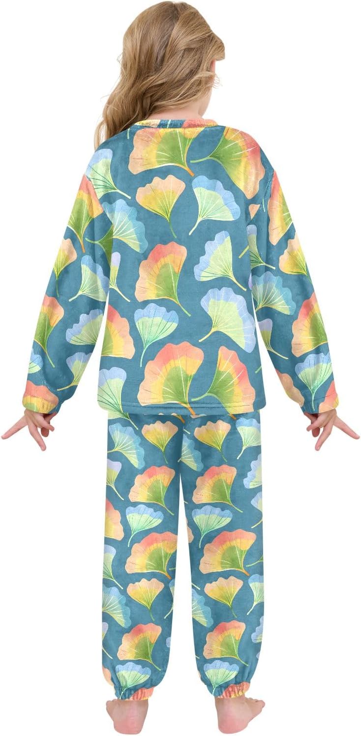 Kids Flannel Sets Ginkgo Biloba Leaves Warm Plush Relaxed Clothing for Boys and Girls
