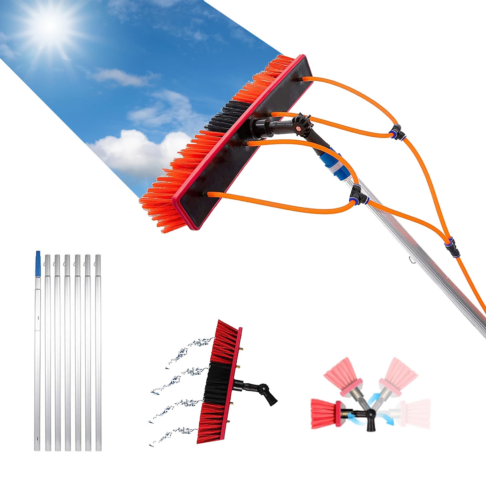Ts - Cepillo de limpieza con 3 varillas de conexión de agua de 15 m con cepillo para paneles de 35 a 55 cm, cabezal de cepillo para limpieza eficiente