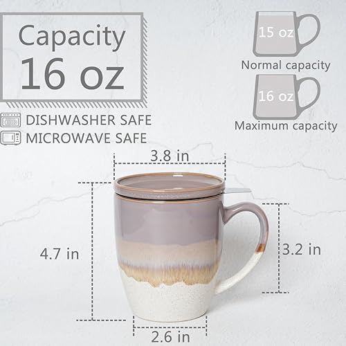 Miniatura 8 de Bosmarlin Taza de té de cerámica con infusor y tapa, 16 onzas, 5 colores a elegir, apta para lavavajillas y microondas, esmalte reactivo, taza de té