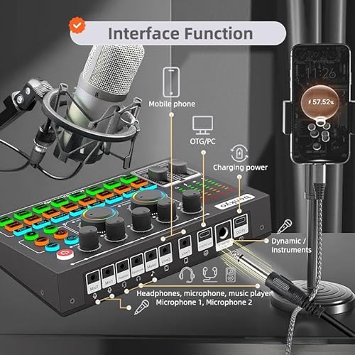 F999MAX ライブサウンドカード、プロフェッショナルオーディオミキサー&ノイズリダクション、メタルボディ&インジケーターパネル、オーディオインターフェイス&ボイスチェンジャー、RGB照明効果、ライブ/ゲーム/ポッドキャスティング/カラオケ用DJミキサー