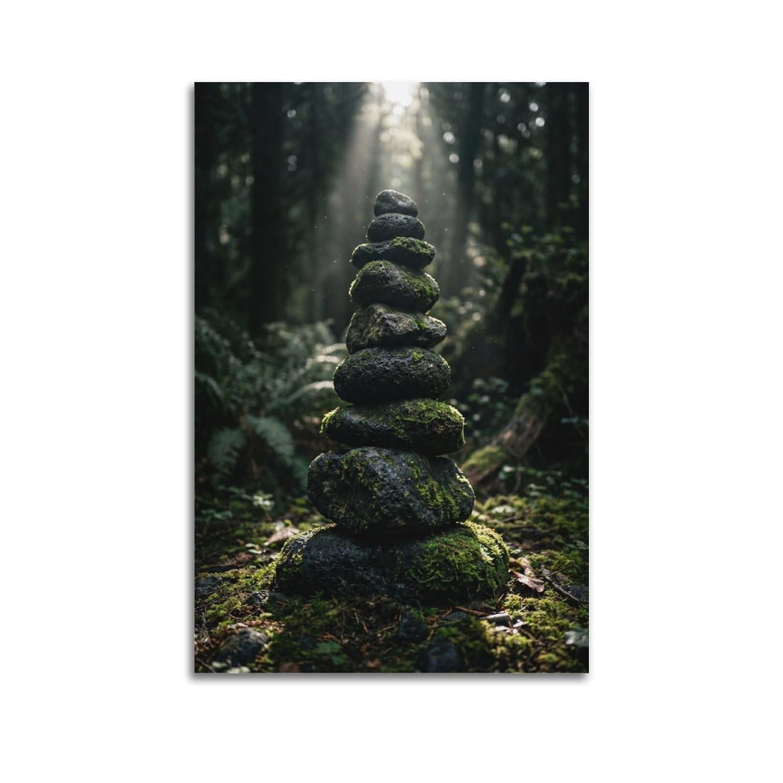 Zen Nature Poster Forest Moss Stone Tower Healing Serenity Calm Modern Decorative Canvas Prints - Ideal Wall Art for Family, Man Cave, Game Room, Boys & Girls Bedroom 16x24inch(40x60cm)