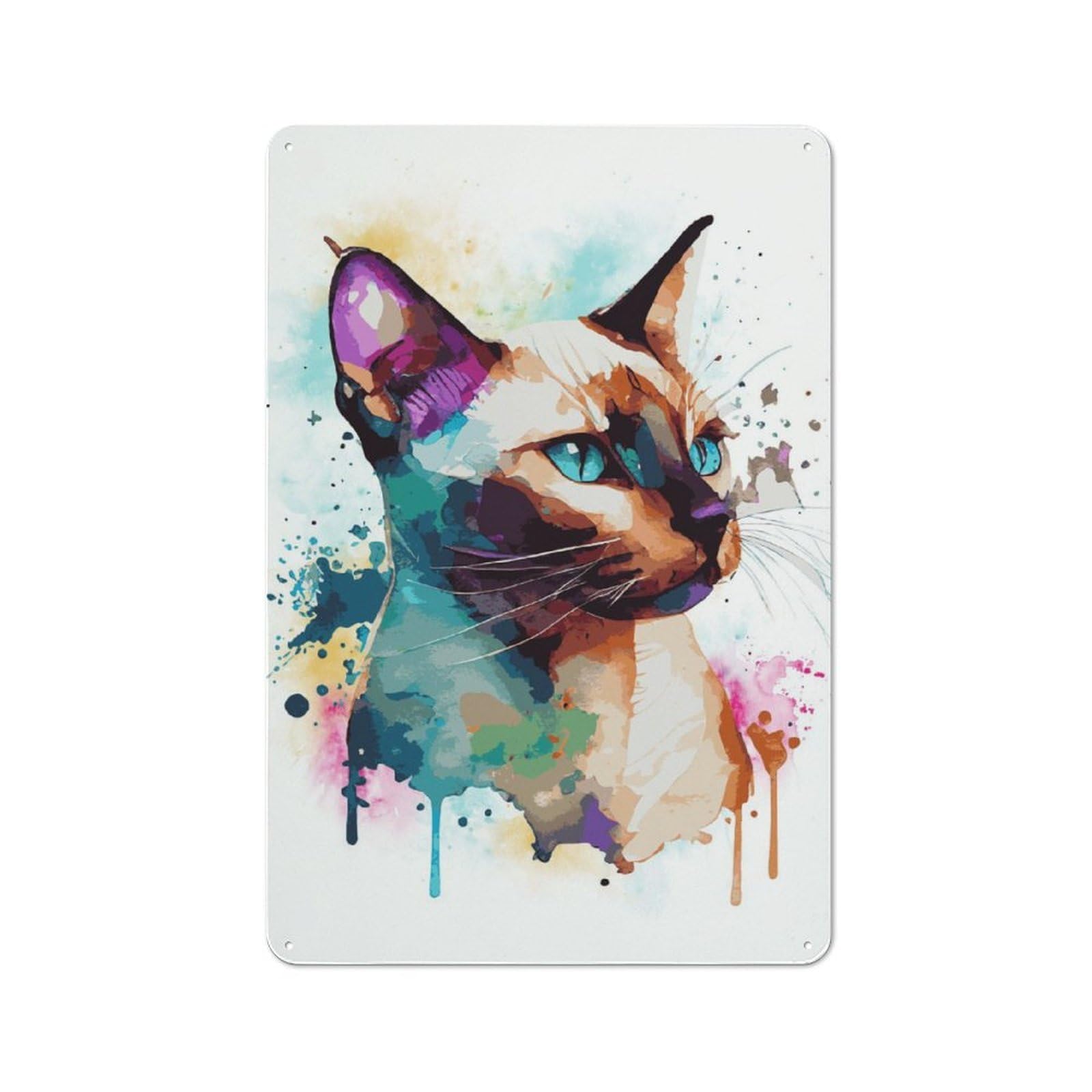 Junmoney Siamese Watercolor Cat Retro Vintage Metal Sign 30X20cm, Restaurant Wall Art For Coffee Bar, Small Shop Or Dining Room