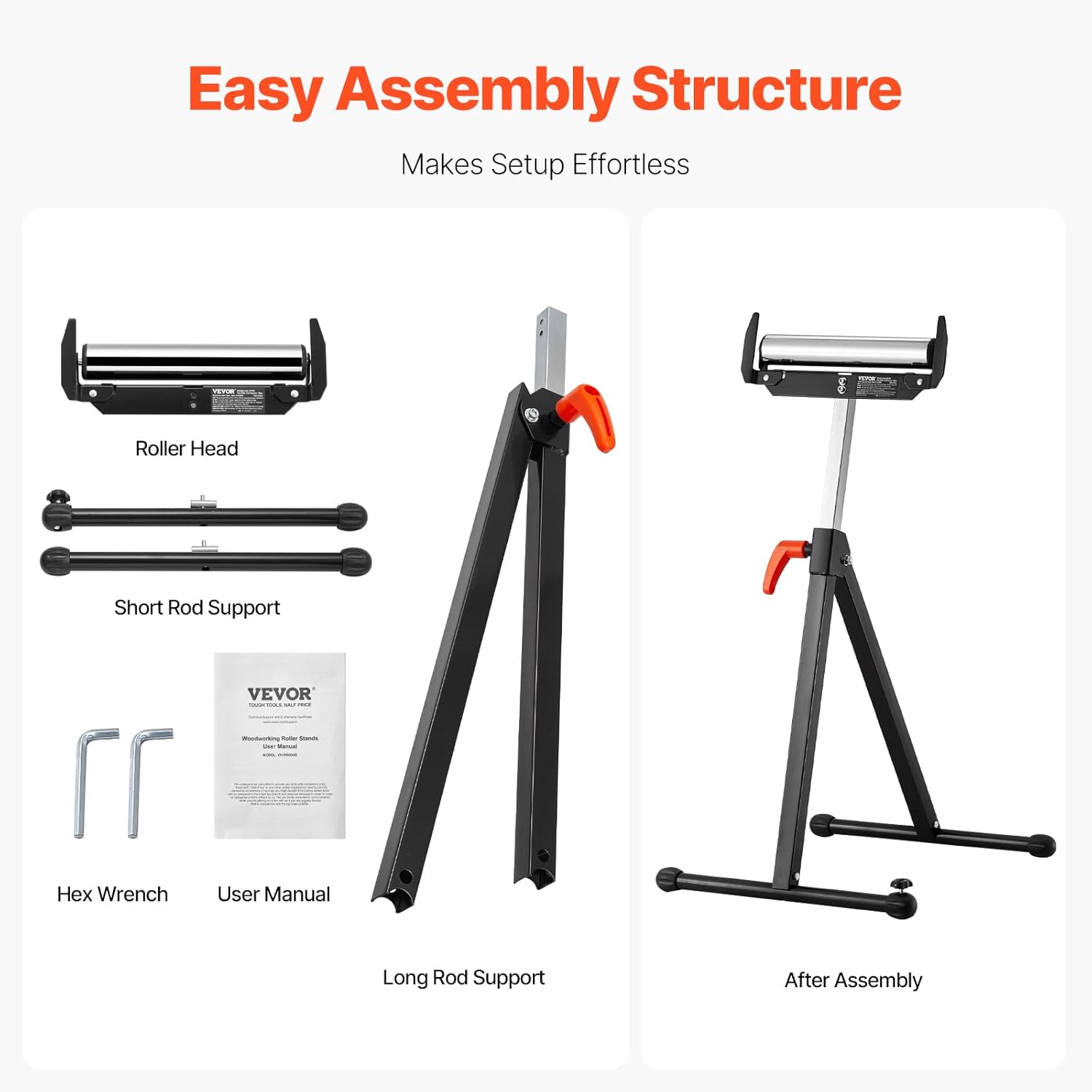 VEVOR 2-Pack Stands 250 lbs Load Capacity, 27-43 in Adjustable Height, Folding Heavy Duty with Polished Steel Roller Head & Edge Guides, for Table Saw Outfeed Woodworking Extension Support, Black