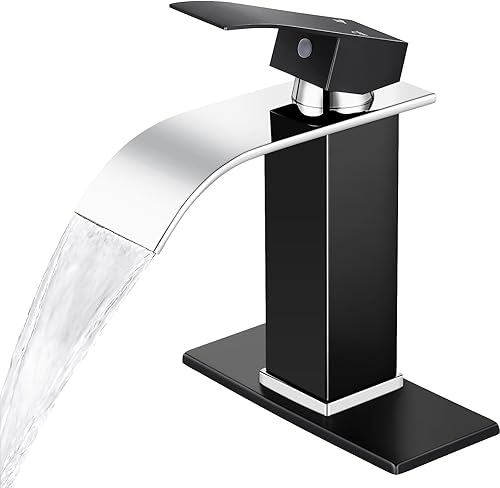 Qomolangma Grifo de baño en cascada, negro y cromado, moderno, de una sola manija, para 1 o 3 agujeros, grifo mezclador de lavabo con cubierta y