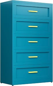 Metal Blue 5 Drawer Dresser for Bedroom, Tall Bedroom Dresser with Large Drawer & Golden Handles,Metal Storage Organizer Cabinet Chest of Drawer for Closet