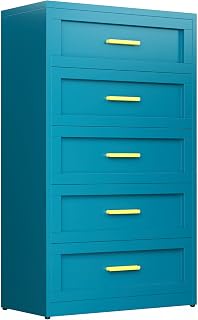 Metal Blue 5 Drawer Dresser for Bedroom, Tall Bedroom Dresser with Large Drawer & Golden Handles,Metal Storage Organizer Cabinet Chest of Drawer for Closet