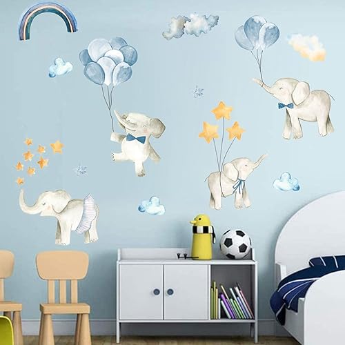 Miniatura 5 de Calcomanías de pared azules de acuarela, globo colorido, caricatura, animal, lindo elefante, calcomanía de vinilo para bebé, habitación de niños,
