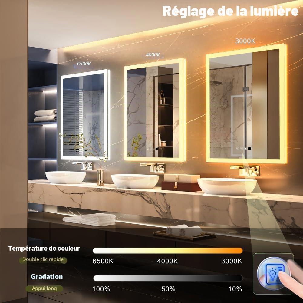 GANPE Miroir de Salle de Bain à LED avec détecteur de Mouvement et Bluetooth, éclairage à intensité Variable, Montage Mural, Anti-buée IP44, étanche à la Verticale et Horizontale (70_x_90_cm)