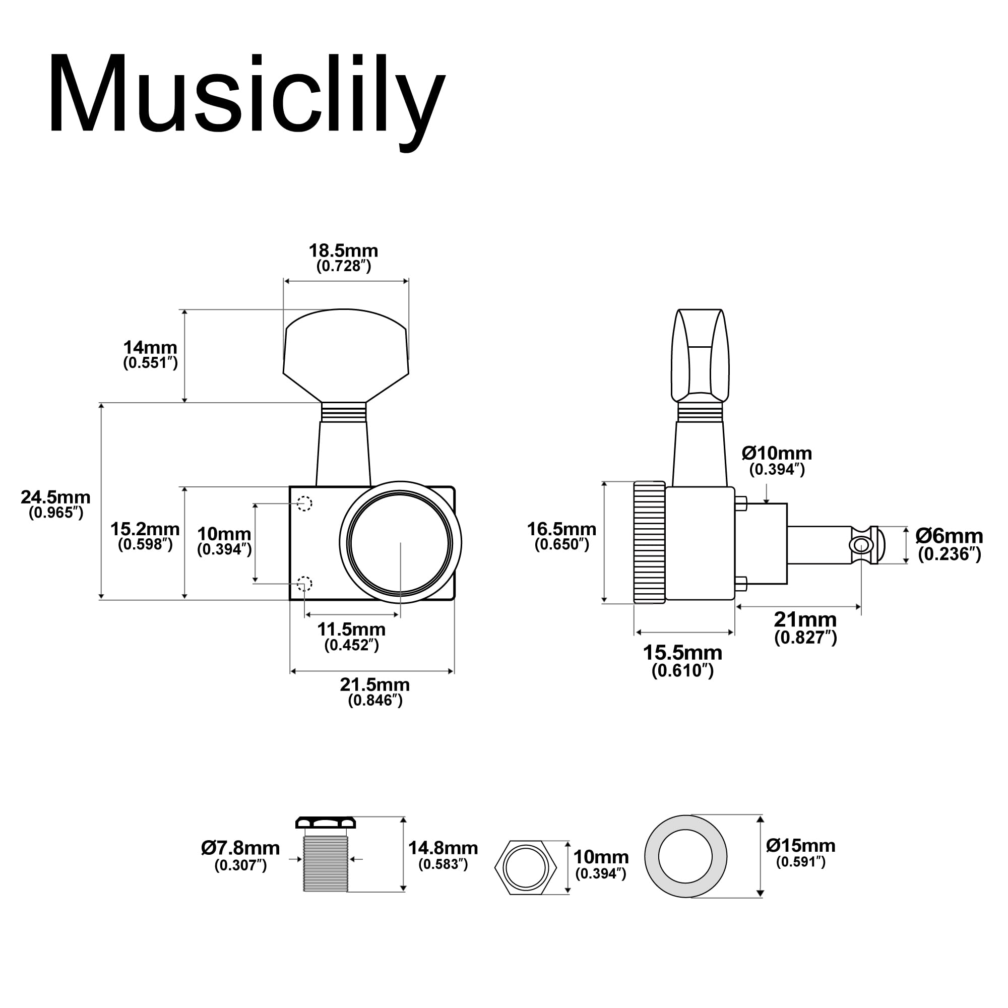Musiclily Pro 6 en Ligne 2-Pin Mécaniques à Blocage 18:1 Ratio Locking Tuners avec Bouton Hex pour Guitare électrique Fender Strat Tele, Doré