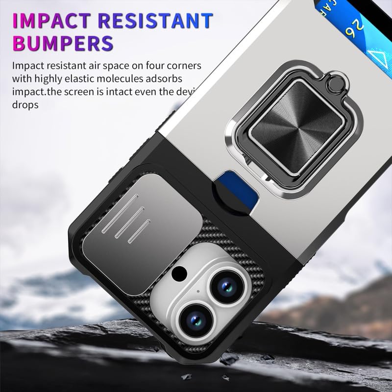 Image of LuxuryKase Shockproof Armor Case for iPhone 17 | Slide Camera Cover | Hidden Card Slot | Rotating Ring Kickstand | Magnetic Car Mount Support | Military Grade Protection - White