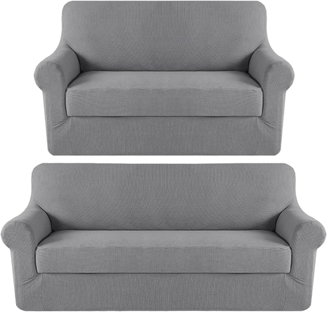 H.VERSAILTEX 2 Pieces Stretch Sofa Covers Bundle Loveseat Slipcover, Feature Upgraded Thicker Jacquard Fabric, Dove