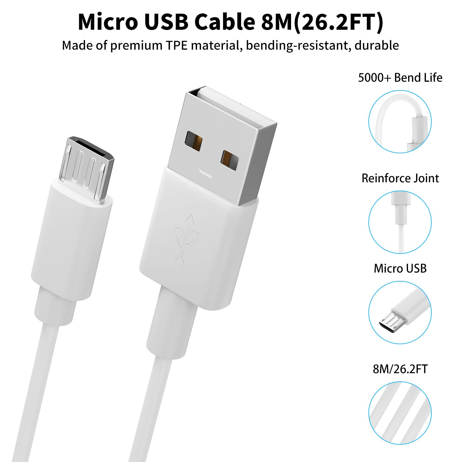 ACAGET Cavo Micro USB 8m per XIAOMI Camera 2K/Pro per XIAOMI (1080p),Cavi di Prolunga di Alimentazione Telecamere di Sicurezza per YI/Cloud Camera,Wyze/Nest/Arlo Q/Furbo Dog Cam