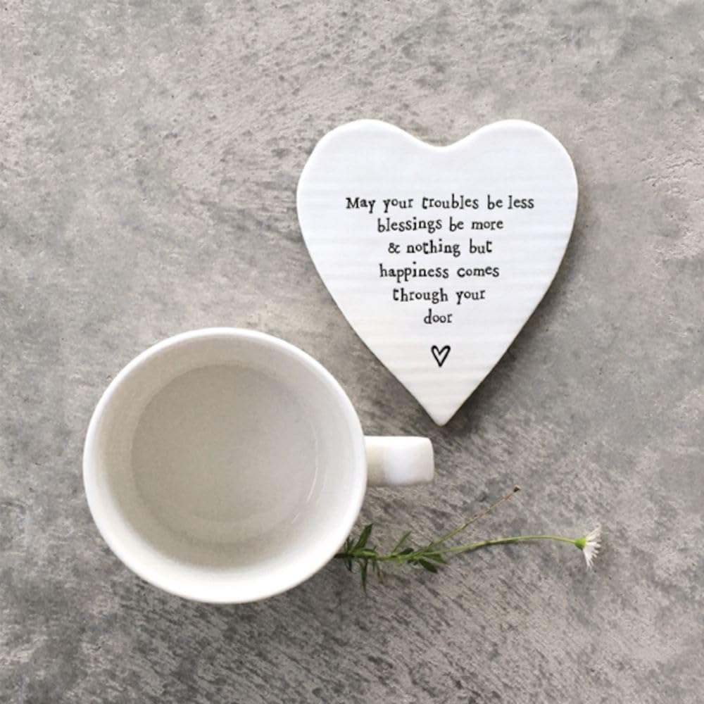 East of India Porcelain Heart Coaster - May Your Troubles Be Less, Coaster For Mum Dad Family Friends, Inspiration Gift For Home, Thinking of You