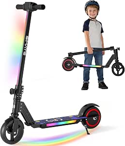 SIMATE Electric Scooter for Kids 6-14 with LED Display and Colorful Lights, Adjustable Height, Foldable, Double Brake