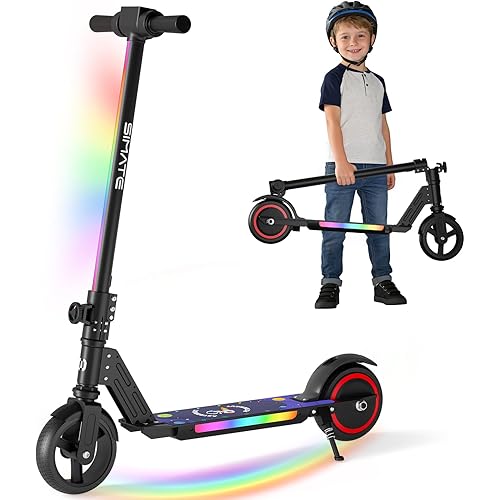 SIMATE Electric Scooter for Kids 6-14, e Kick Scooter with LED Display and Colorful Lights, Adjustable Height and Foldable, Double Brake, Gifts for Kids Girls Boys