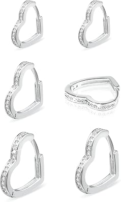 Silver Hoop Earrings Small Heart Huggie Hoop Earrings for Women Girls Cubic Zirconia Huggie Heart Earings Hypoallergenic Cute Silver Earring Set for Women 3 Pairs
