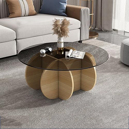 Moderner Couchtisch mit Glasplatte und Massivholzsockel, 71,1 x 40,6 cm, Mitteltisch für Wohnzimmer, Terrasse, Walnuss und Grau