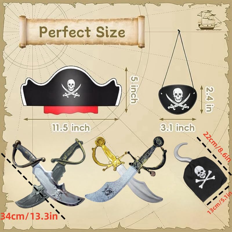 JVHGUBAY 16 PCS Hat Set with Classic Pirate Captain Hat Eye Patch Pirate Knife Party Favors Themed Halloween Masquerade Role Play